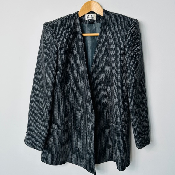 Beautiful Structured Vintage Herringbone Tweed Double Breasted Blazer Size 6 - Picture 2 of 6